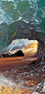 Sunset view through a wave tunnel on the beach.