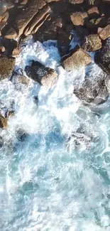 Blue ocean waves crashing over rocky shore.