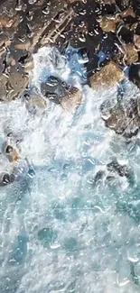 Aerial view of ocean waves crashing on a rocky coast.