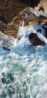 Dynamic ocean waves crashing on a rocky coast with blue waters.