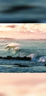 Ocean waves crashing under a vibrant sunset.