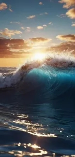 Ocean waves at sunset with vibrant colors.
