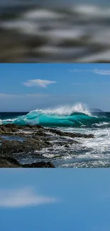 Ocean waves crashing on rocks under a clear sky.