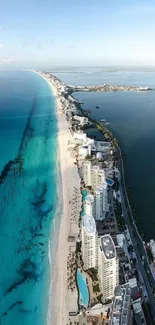 Aerial view of oceanfront with buildings, perfect for wallpaper.