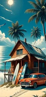 Beach house with surfboards and car under palm trees by the ocean.