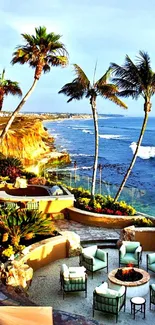 Oceanfront lounge with palm trees and scenic sea view.