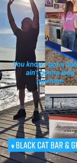 Man enjoying a serene seaside view on a pier with bar scene insert.