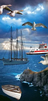 Nautical mobile wallpaper with ships and seagulls over ocean.