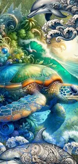 Artistic ocean wallpaper with a turtle and dolphins.