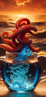 Surreal oceanic wallpaper with octopus tentacles in a glass teapot.