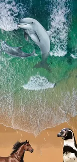 A vibrant wallpaper with beach, dolphins, penguin, and horse design.