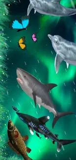 Vibrant ocean wildlife with aurora backdrop and dolphins.