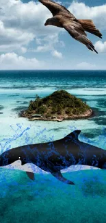 Ocean wallpaper with bird and dolphin over island and clear waters.