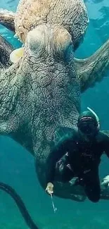 Diver swims with a giant octopus in stunning underwater view.