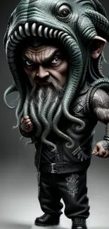 Octopus-headed character with tattoos in a dark design.