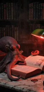 Octopus wearing glasses reading a book under a green lamp.