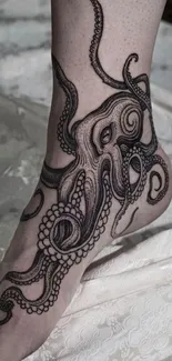 Intricate octopus tattoo on a foot, showcasing detailed artistry.