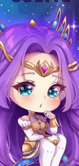 Chibi Odette with purple hair in a galaxy theme mobile wallpaper.