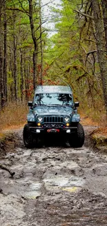 Blue 4x4 vehicle navigating muddy forest trail.