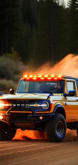 Rugged SUV kicking up dust on a scenic forest trail, illuminated by vibrant lights.