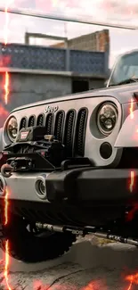 Fiery Jeep front view with bold design.