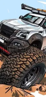 Illustration of a rugged off-road truck on a rocky terrain.