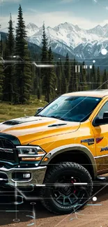 Yellow off-road truck with mountain backdrop.