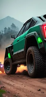 Action-packed off-road racing scene with vehicles on a dirt path.