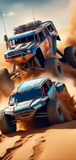 Two off-road vehicles race through desert sand, creating an exciting scene.