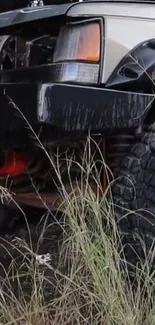 Close-up of a rugged SUV ready for off-road adventure amidst grass.