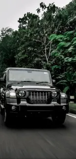 SUV driving through a lush green forest road.