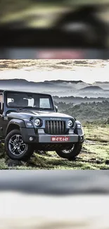 Jeep parked on grassy mountain with mist.