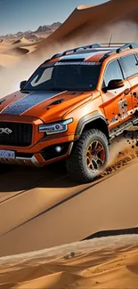 Orange SUV speeding through desert dunes with a dynamic flair.