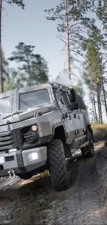 Rugged 4x4 truck navigating a forest trail, emphasizing adventure.