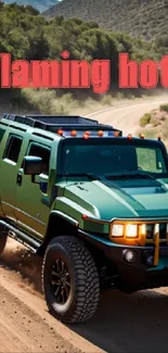 Green SUV on a dusty trail, adventurous offroad scene.