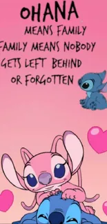 Cute Ohana-themed wallpaper with family quote and pink hearts.