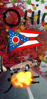 Ohio-themed wallpaper with autumn red forest and cultural icons.