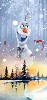 Olaf enjoying a snowy winter forest scene.