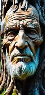 Old man's face carved into forest tree, surreal art.