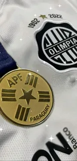 Gold Olimpia medal on a white jersey with emblem, sparkling details.