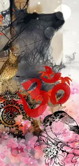 Colorful wallpaper with Om symbol and birds in a floral and artistic design.