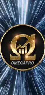 OmegaPro logo with a cosmic background on wallpaper.