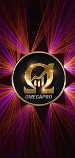 Omegapro logo with vibrant neon rays in purple and orange hues.