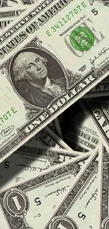 Wallpaper of scattered one dollar bills on a surface, emphasizing currency theme.