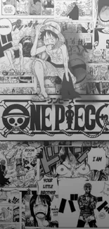 Luffy One Piece manga collage monochrome wallpaper.