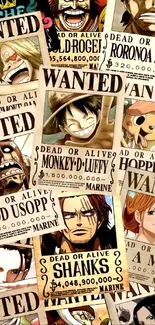 One Piece wanted posters collage wallpaper for mobile phone.