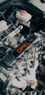 Close-up of an Opel engine with visible parts and branding.