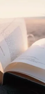 Open book on the beach with a warm, tranquil background.