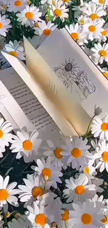 Open book surrounded by daisies in a serene setting.