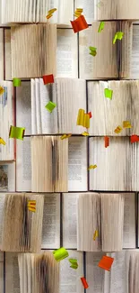 Mobile wallpaper of open book pages arranged intricately.